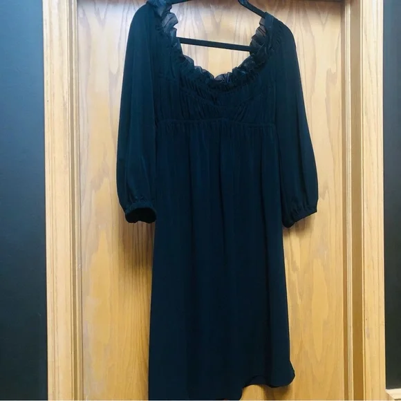 Donna Morgan 8 LBD Special occasion, ruffled neck line off the shoulder Black - Picture 2 of 9